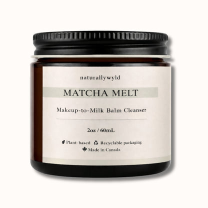 Matcha Melt makeup-to-milk balm cleanser jar with 'naturallywyld' branding on a white background