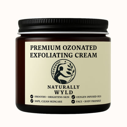 Naturally Wyld Premium Ozonated Exfoliating Cream in amber jar with cream label, natural face and body exfoliating cream with oxygen-infused oils.