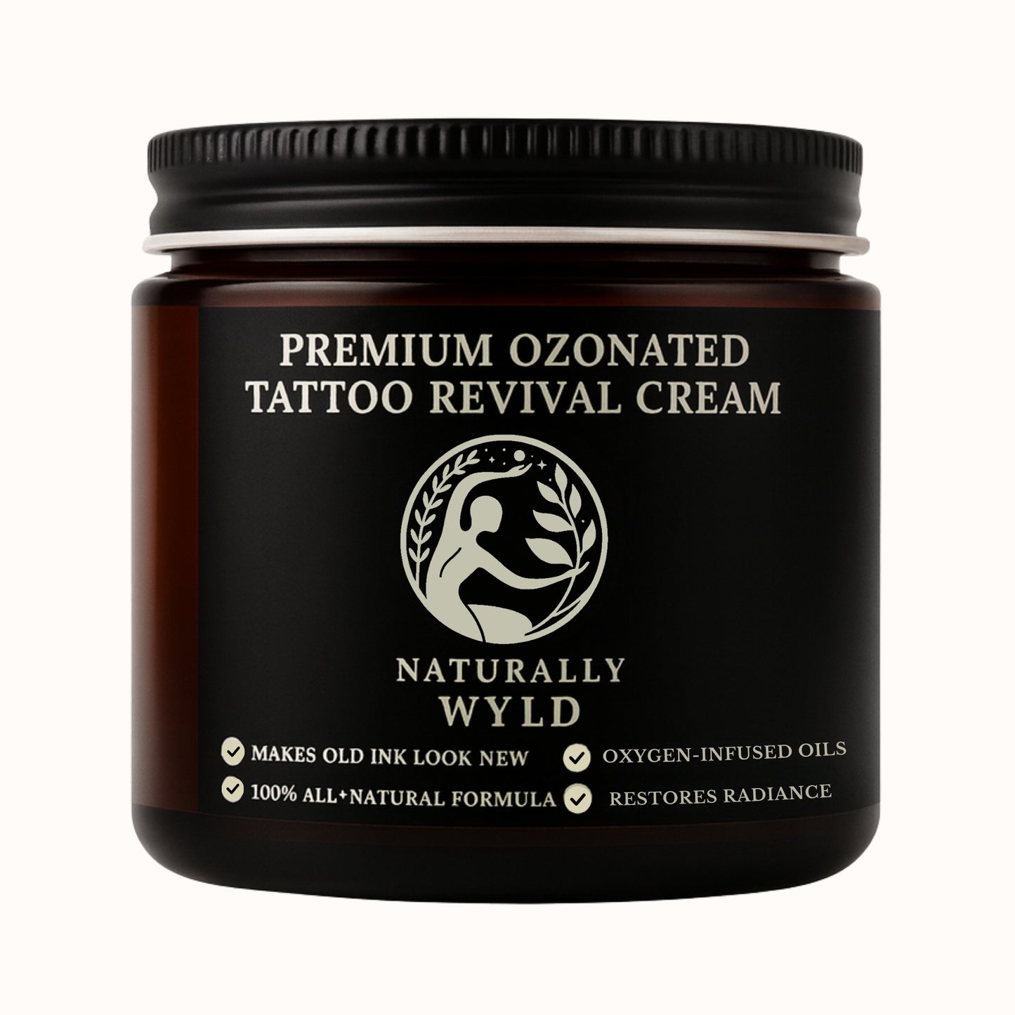 Black jar of Premium Ozonated Tattoo Revival Cream by Naturally Wyld on a white background