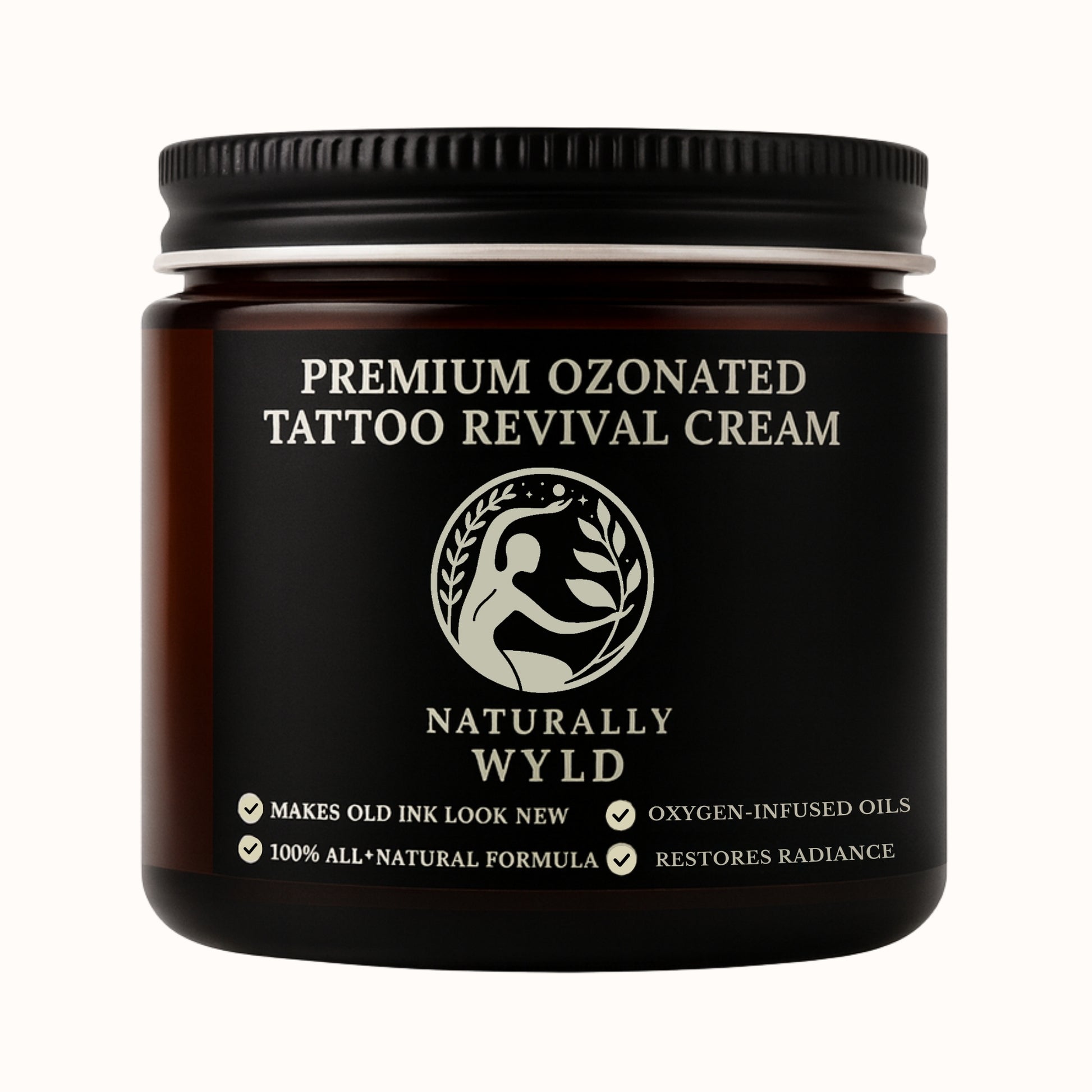 Black jar of Premium Ozonated Tattoo Revival Cream by Naturally Wyld on a white background