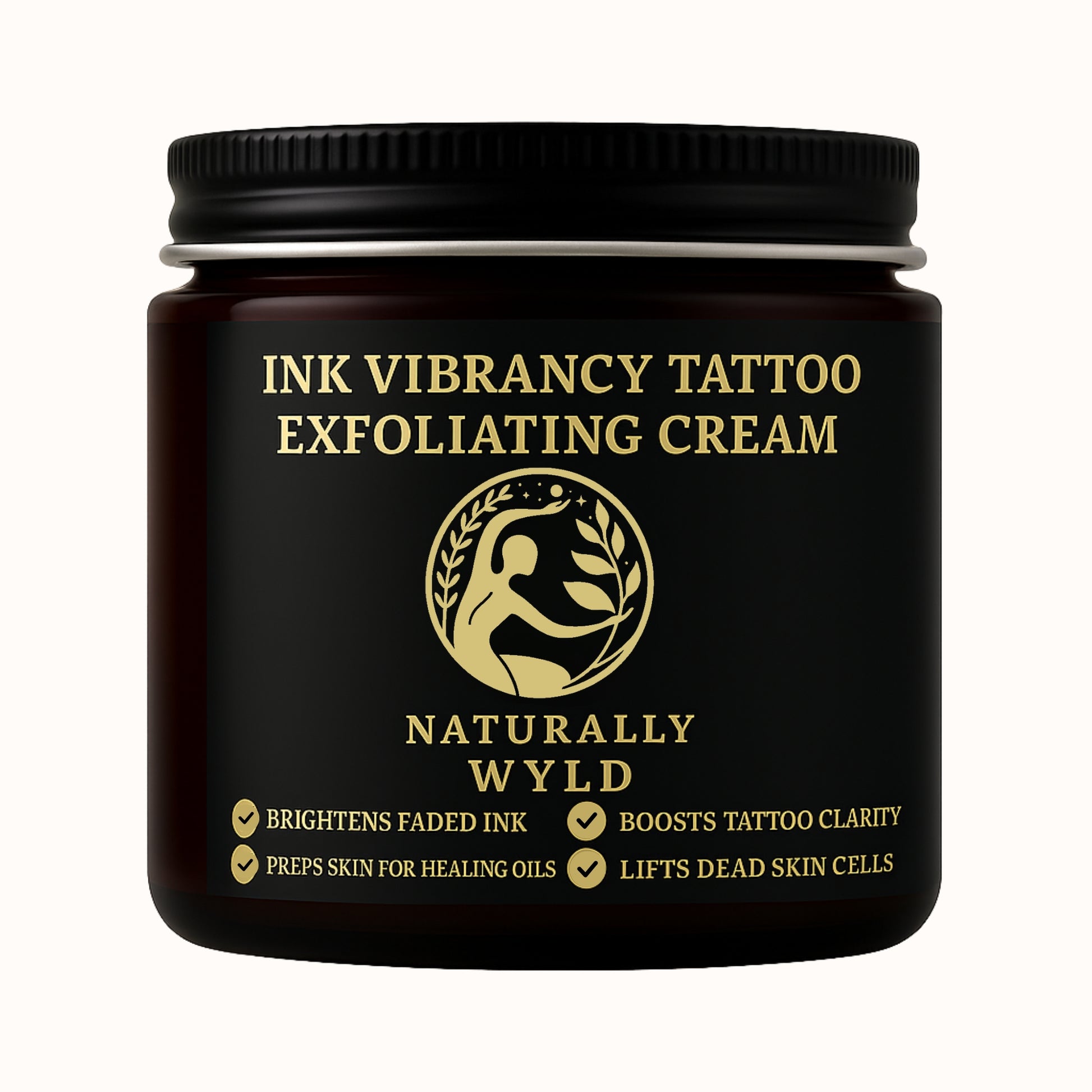 Naturally Wyld Ink Vibrancy Tattoo Exfoliating Cream in amber jar, natural exfoliating cream for boosting tattoo clarity and vibrancy.