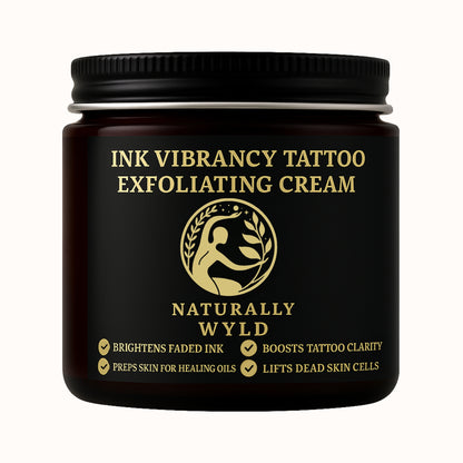 Naturally Wyld Ink Vibrancy Tattoo Exfoliating Cream in amber jar, natural exfoliating cream for boosting tattoo clarity and vibrancy.
