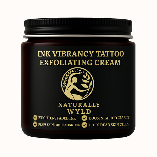 Naturally Wyld Ink Vibrancy Tattoo Exfoliating Cream in amber jar, natural exfoliating cream for boosting tattoo clarity and vibrancy.