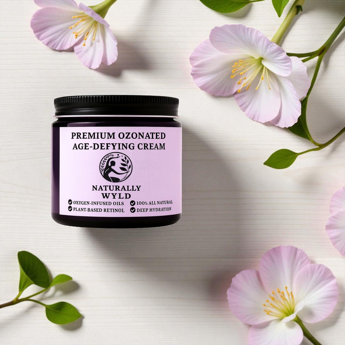 Jar of Naturally Wyld cream with flowers on a light background