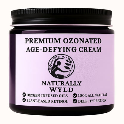 Jar of Premium Ozonated Age-Defying Cream with purple label on white background