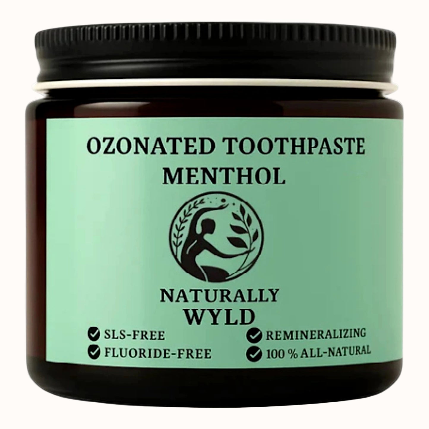 Amber glass jar of Naturally Wyld Ozonated Menthol Toothpaste with bright green label. Highlights include fluoride-free, SLS-free, 100% all-natural, and remineralizing formula. Crisp minty menthol toothpaste designed to freshen breath and support gum health.