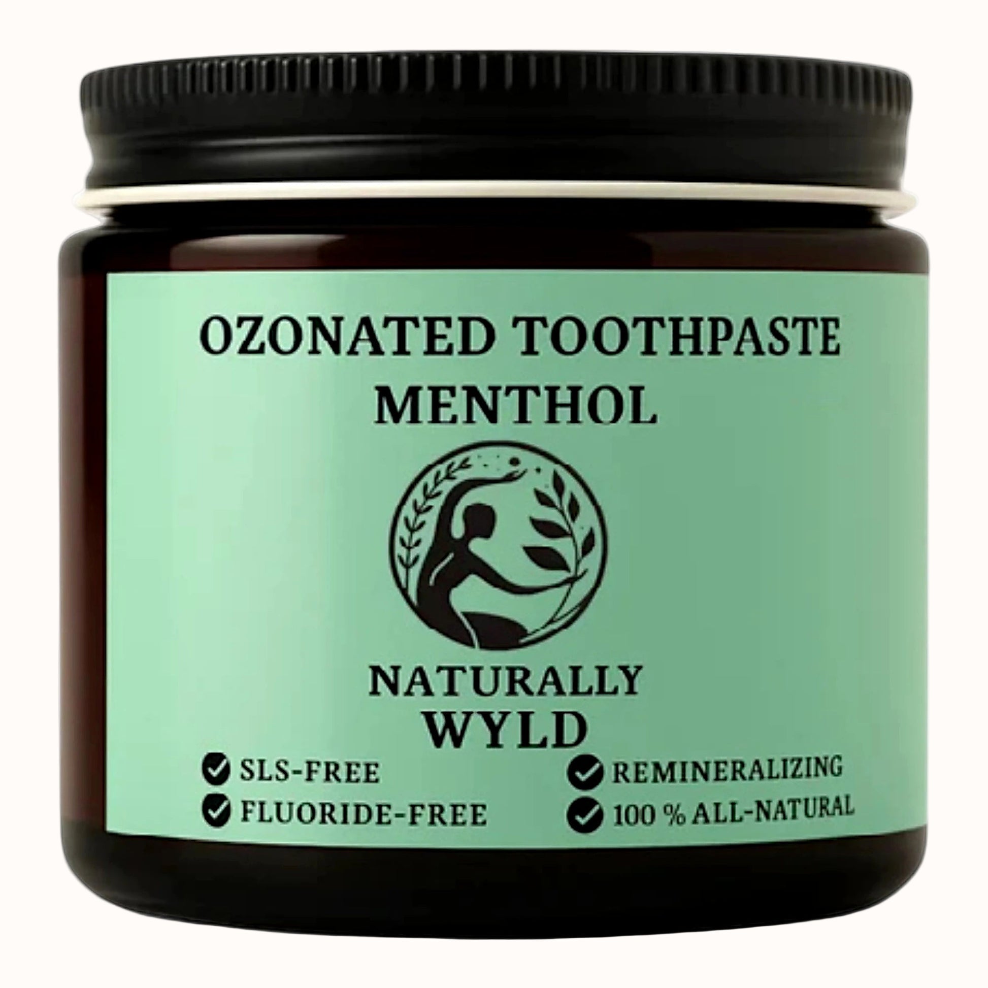 Amber glass jar of Naturally Wyld Ozonated Menthol Toothpaste with bright green label. Highlights include fluoride-free, SLS-free, 100% all-natural, and remineralizing formula. Crisp minty menthol toothpaste designed to freshen breath and support gum health.