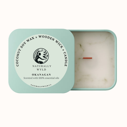 Naturally Wyld Okanagan candle with wooden wick and coconut soy wax, inspired by BC’s Okanagan Valley and handcrafted in Kelowna