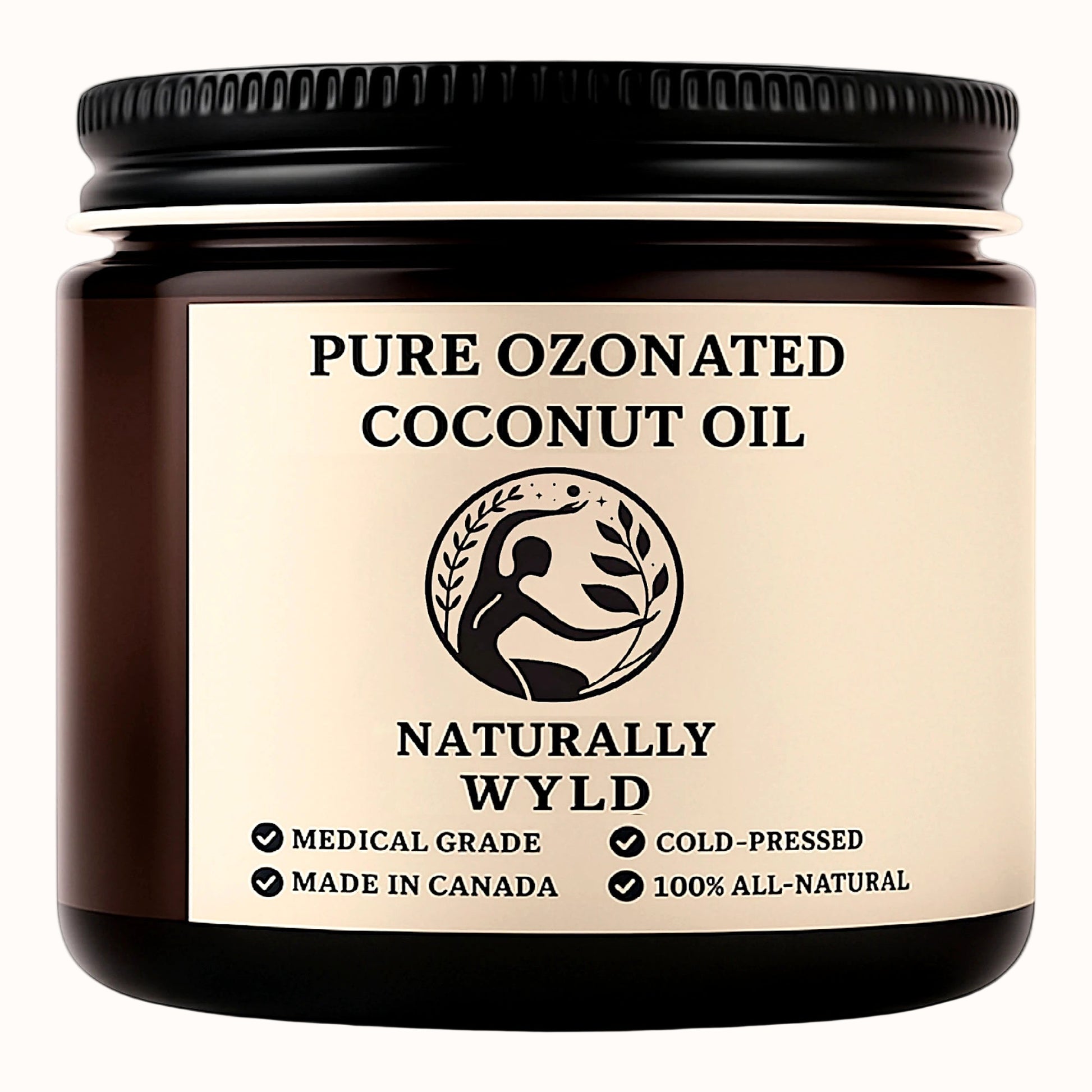 Amber jar of Pure Ozonated Coconut Oil by Naturally Wyld. Cold-pressed, medical-grade formula for natural skincare, made in Canada. Eco-friendly, all-natural coconut-based topical oil.