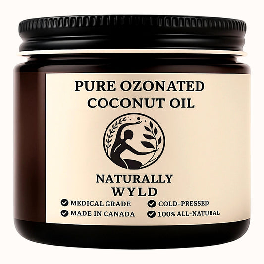 Amber jar of Pure Ozonated Coconut Oil by Naturally Wyld. Cold-pressed, medical-grade formula for natural skincare, made in Canada. Eco-friendly, all-natural coconut-based topical oil.