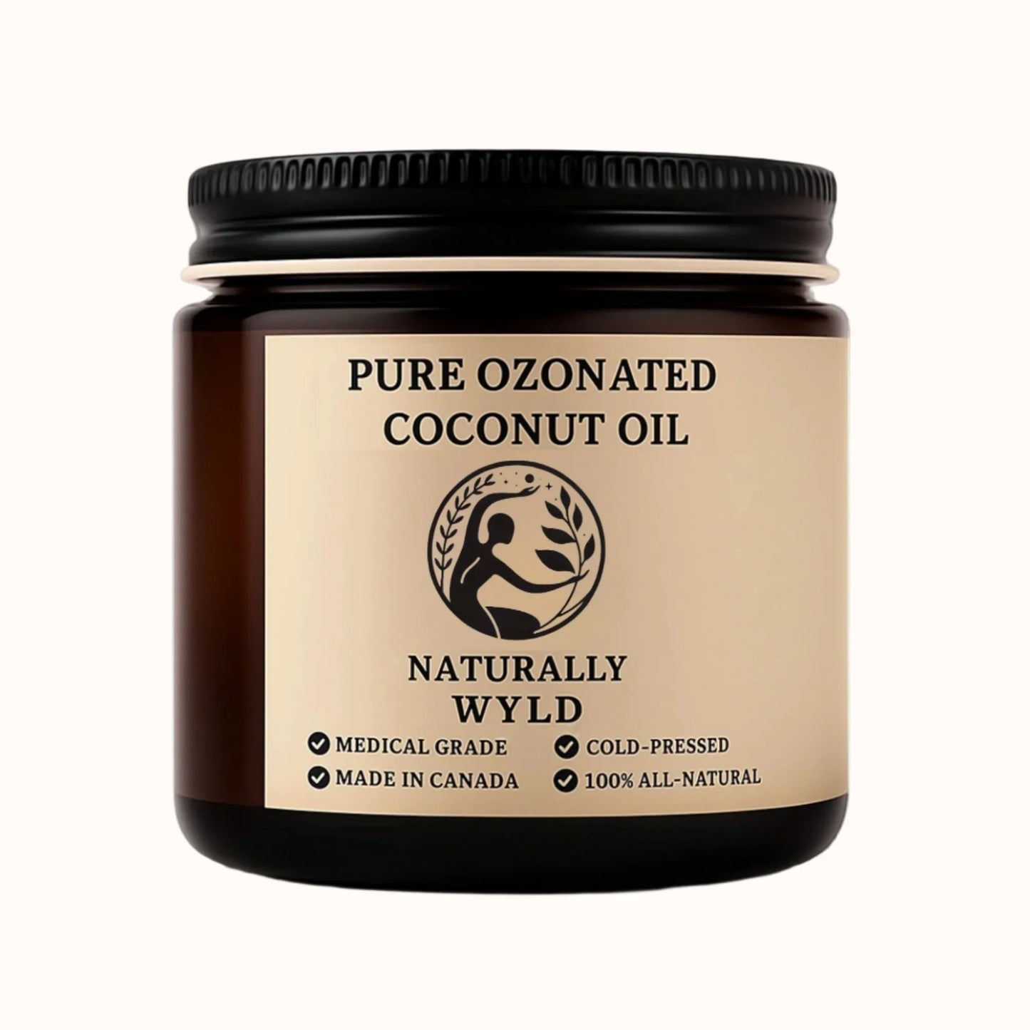 Amber jar of Pure Ozonated Coconut Oil by Naturally Wyld. Cold-pressed, medical-grade formula for natural skincare, made in Canada. Eco-friendly, all-natural coconut-based topical oil.