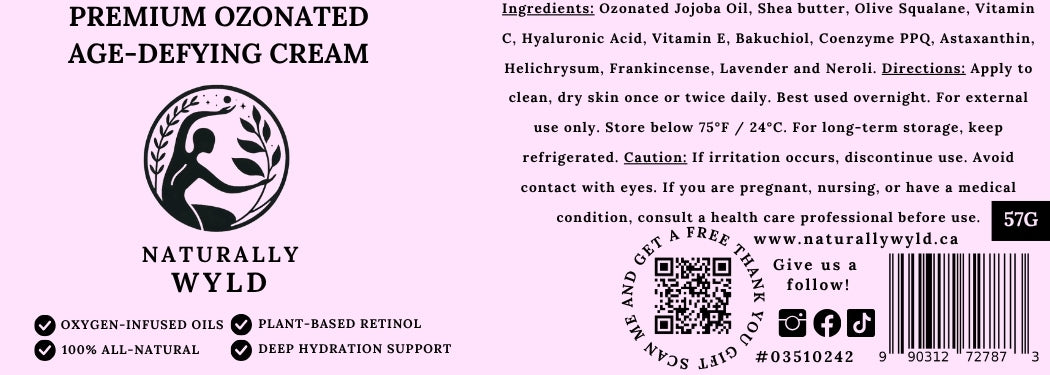 Label of Premium Ozonated Age-Defying Cream by Naturally Wyld with ingredients and usage instructions.