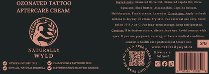 Label of Ozonated Tattoo Aftercare Cream by Naturally Wyld with product details and branding.