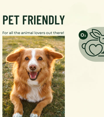 Happy dog sitting on grass with 'Pet Friendly' text and a logo in the corner.