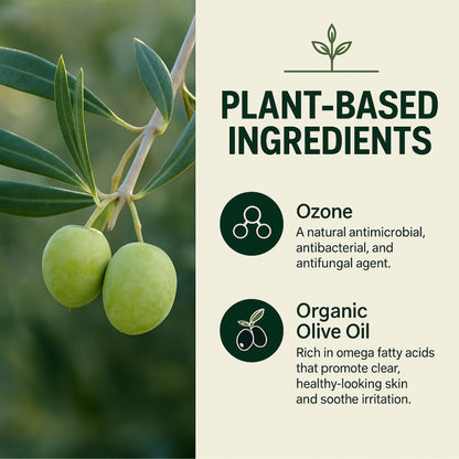 Green olives on a branch with plant-based ingredients text and icons.