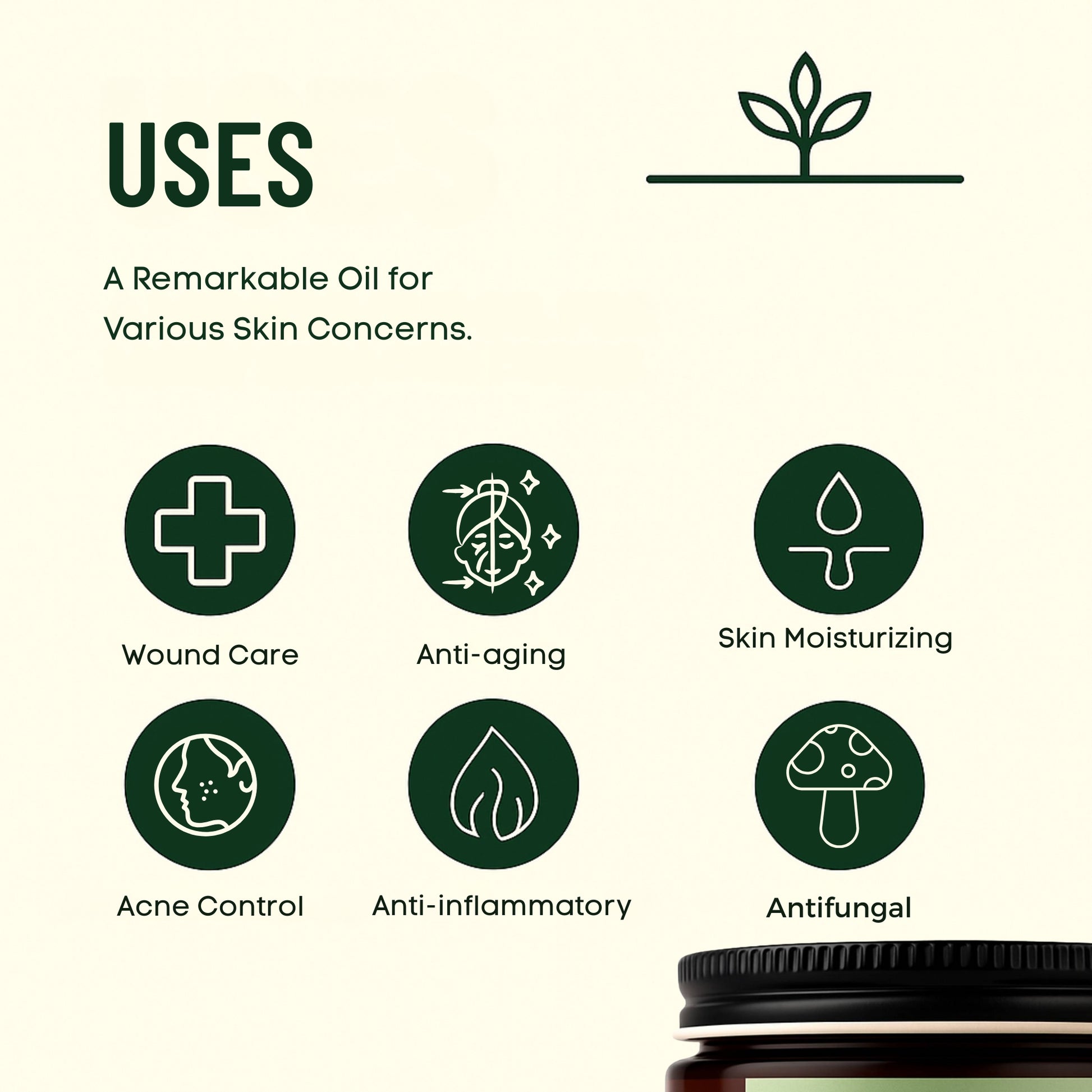 List of uses for a remarkable oil on a beige background with icons and text.