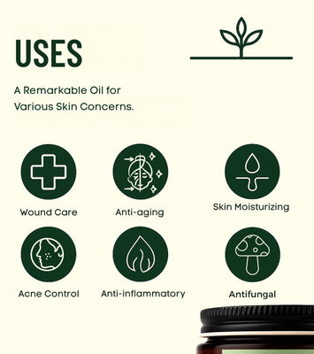 List of uses for a remarkable oil on a beige background with icons and text.
