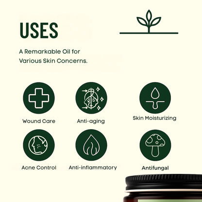 List of uses for a remarkable oil with icons and text on a beige background.