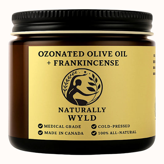 Amber jar of Naturally Wyld Ozonated Olive Oil + Frankincense. Cold-pressed, 100% all-natural healing balm made in Canada. Infused with medical-grade olive oil and therapeutic frankincense.