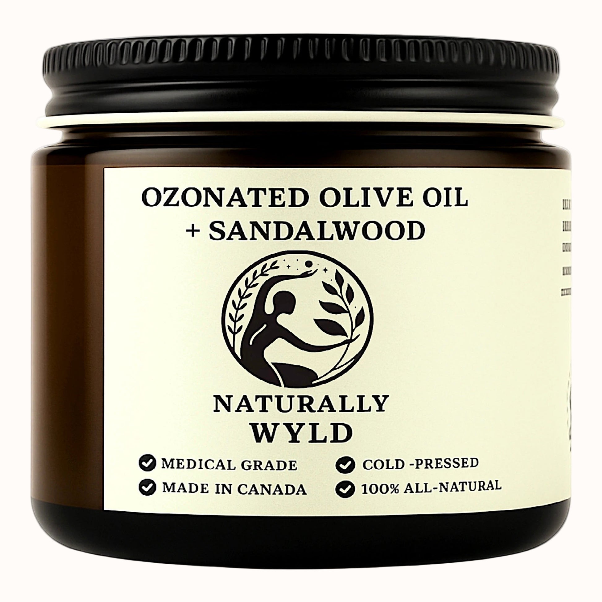 Amber jar labeled Naturally Wyld Ozonated Olive Oil + Sandalwood. Skincare product featuring cold-pressed, medical-grade olive oil with sandalwood essential oil. 100% all-natural, made in Canada, eco-friendly small batch.