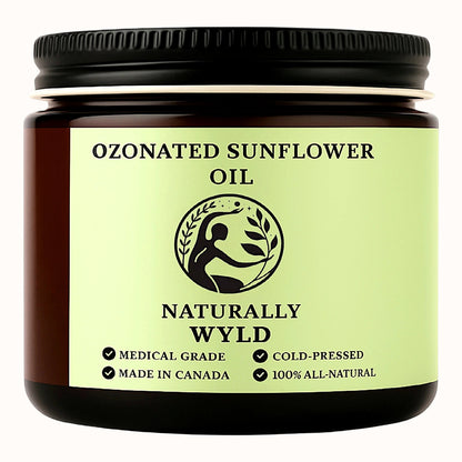 Amber glass jar of Naturally Wyld Ozonated Sunflower Oil. Cold-pressed, 100% all-natural oil made in Canada. Lightweight, medical-grade skincare solution ideal for sensitive skin.