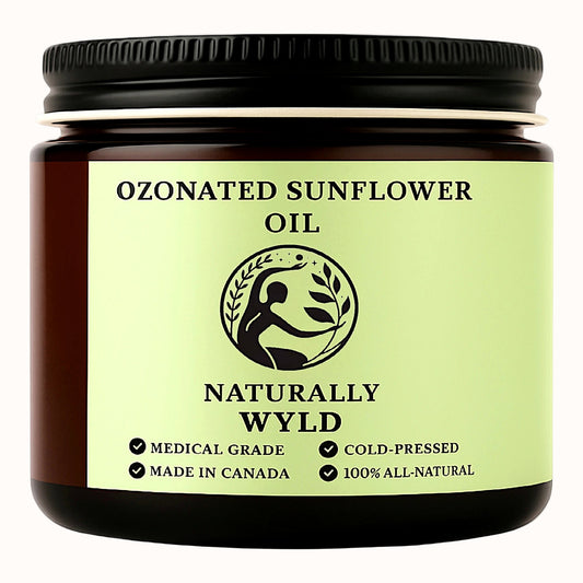 Amber glass jar of Naturally Wyld Ozonated Sunflower Oil. Cold-pressed, 100% all-natural oil made in Canada. Lightweight, medical-grade skincare solution ideal for sensitive skin.