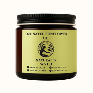 Amber glass jar of Naturally Wyld Ozonated Sunflower Oil. Cold-pressed, 100% all-natural oil made in Canada. Lightweight, medical-grade skincare solution ideal for sensitive skin.