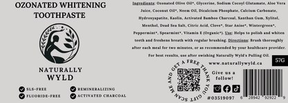 Naturally Wyld Whitening Toothpaste, Full label, ozonated oils, Ozonated toothpaste, natural toothpaste, SLS Free, Fluoride Free, ingredients, side view