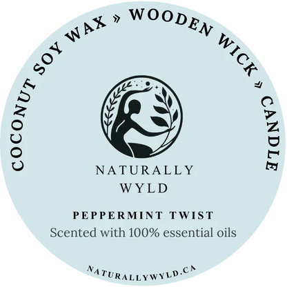Natural Peppermint Twist Coconut Soy Wax Wooden Wick Candle. Fragrance-Free Wood Wick Candles, Essential Oil Infused Candles, Clean Candles, Zero Fragrance Soy Candles, Canadian Natural Wooden Wick Candles Label front 