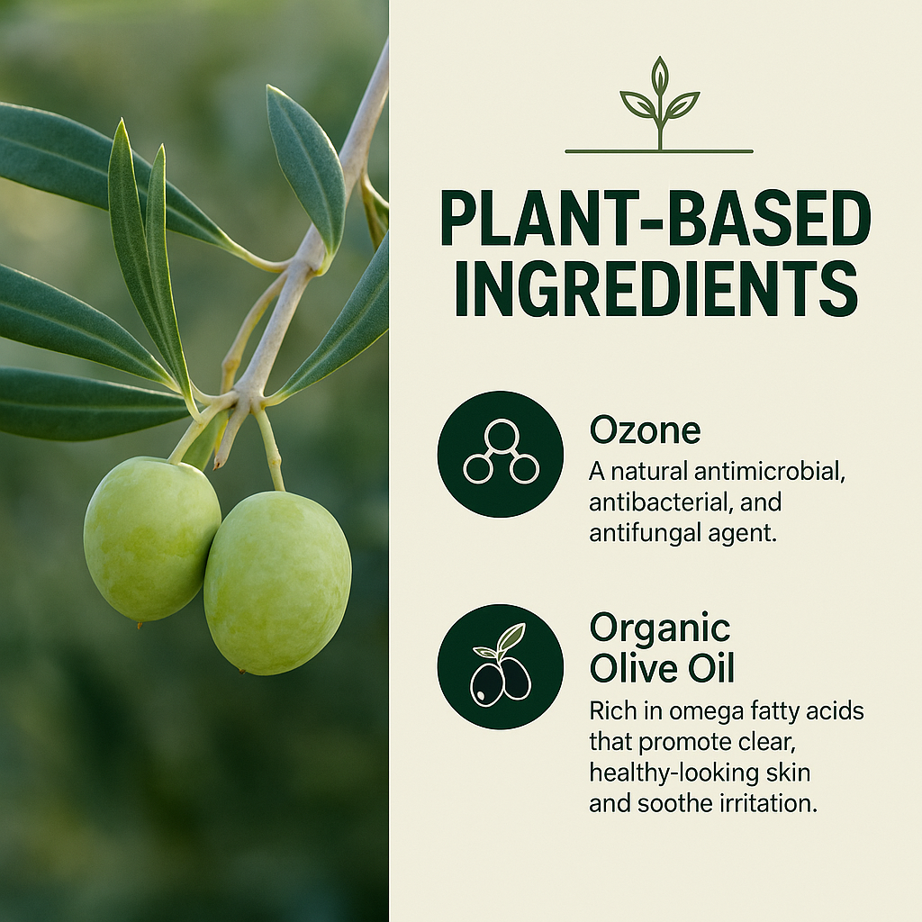 Olive branch with green olives on a blurred green background, featuring plant-based ingredients text. Ozonated Olive Oil 