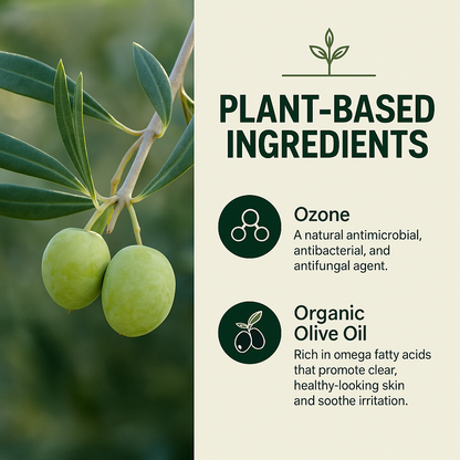 Olive branch with green olives on a blurred green background, featuring plant-based ingredients text. Ozonated Olive Oil 