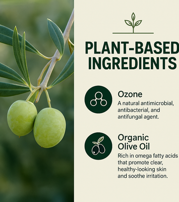 Olive branch with green olives on a blurred green background, featuring plant-based ingredients text. Ozonated Olive Oil 