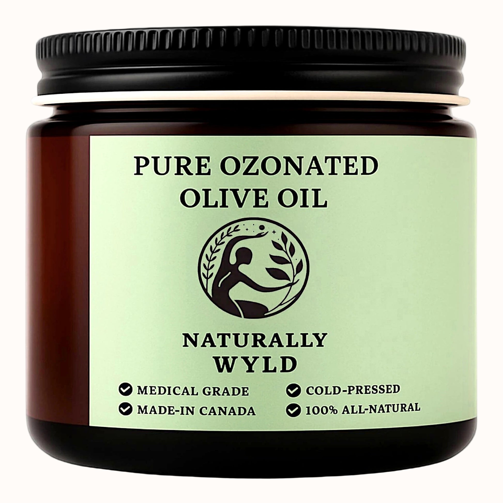 Amber jar of Naturally Wyld Pure Ozonated Olive Oil. Cold-pressed, medical-grade olive oil balm made in Canada. 100% all-natural, stored in a dark glass jar to preserve quality.