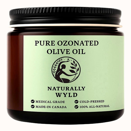 Amber jar of Naturally Wyld Pure Ozonated Olive Oil. Cold-pressed, medical-grade olive oil balm made in Canada. 100% all-natural, stored in a dark glass jar to preserve quality.