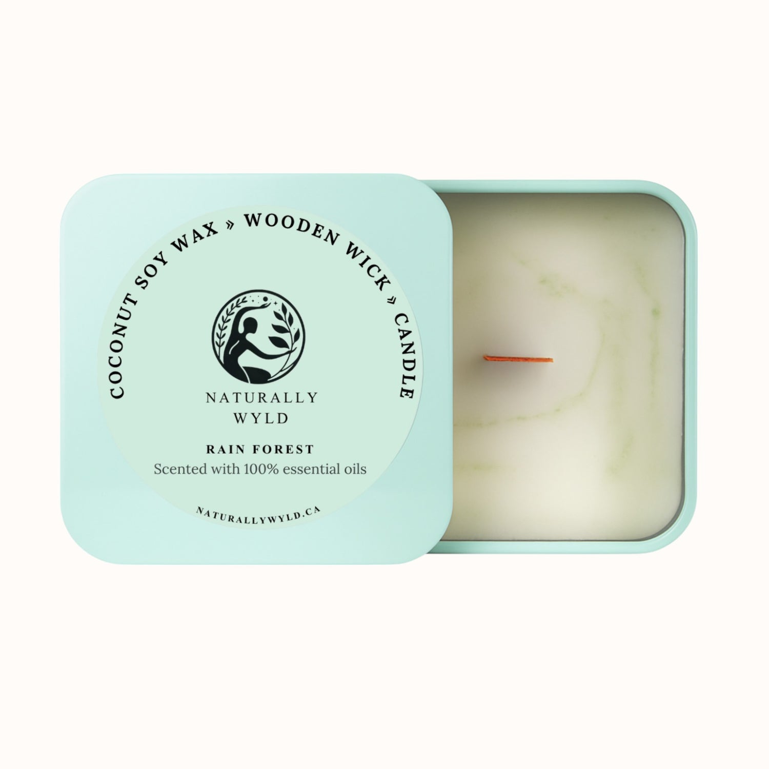 Rainforest coconut soy wax candle with wooden wick, hand-poured and scented with 100% essential oils by Naturally Wyld