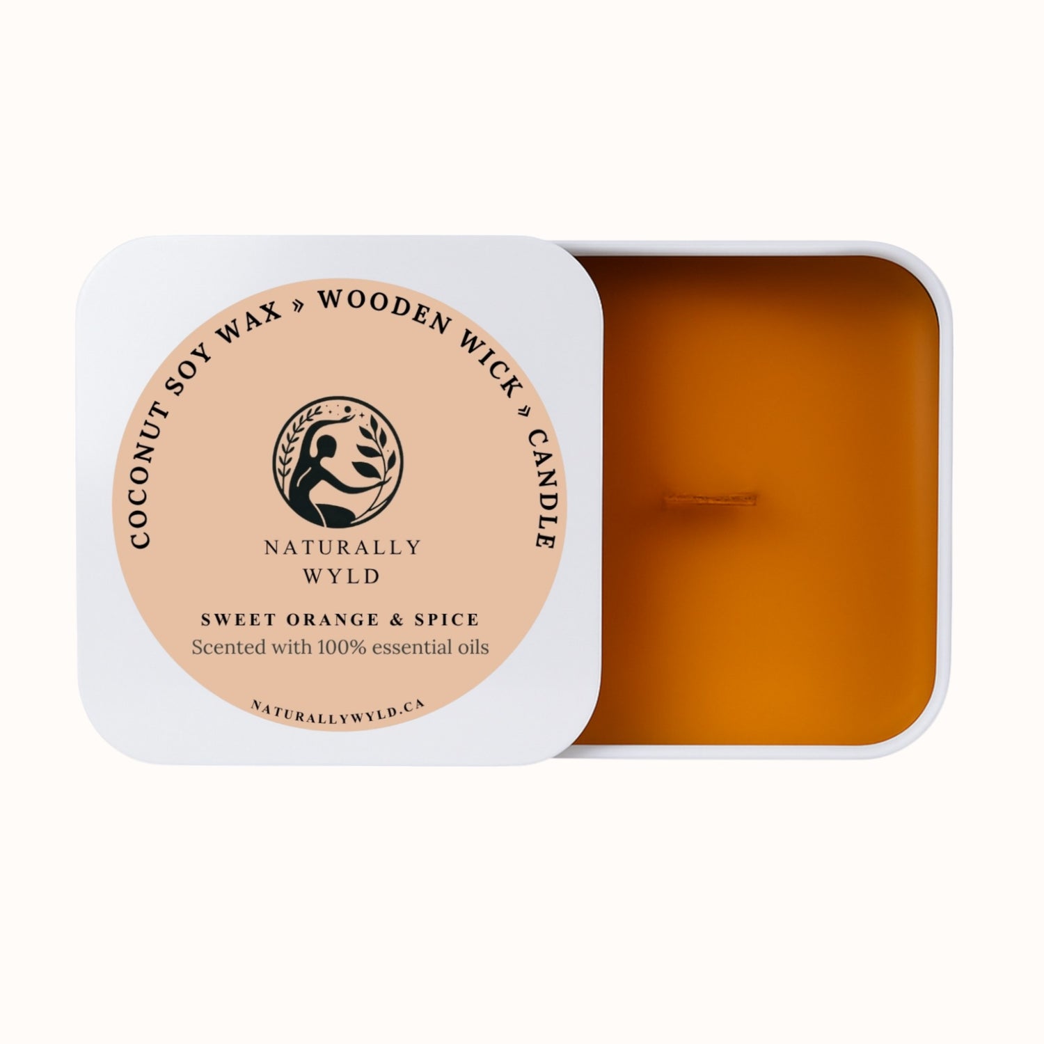 Sweet Orange & Spice candle in white tin with coconut soy wax and wooden wick, scented with 100% essential oils