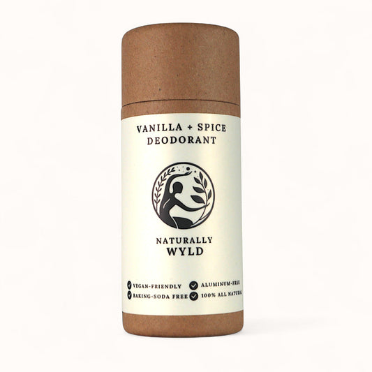 All-natural Vanilla + Spice deodorant stick in compostable paper packaging from Naturally Wyld
