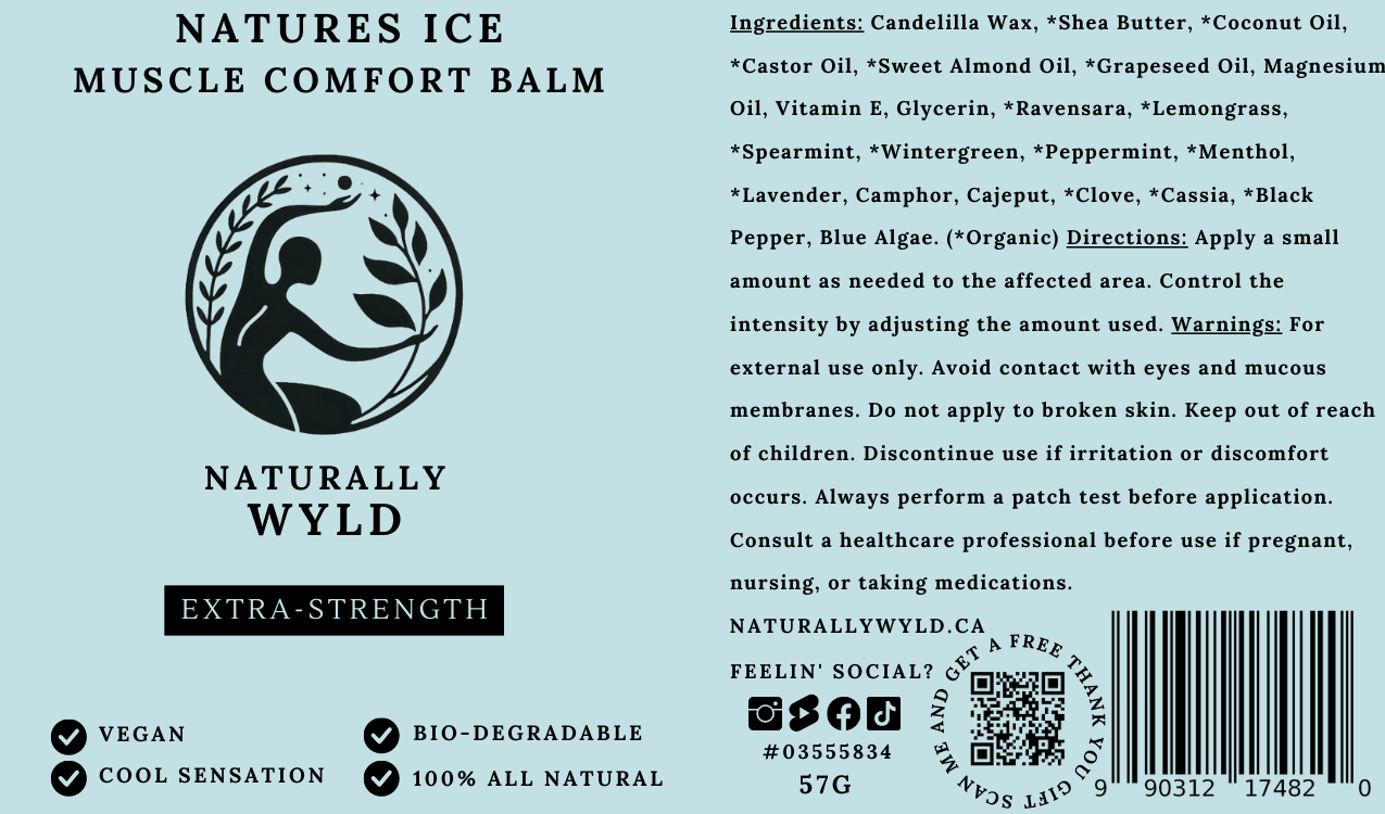 Label of natures ice naturally wyld muscle comfort balm 