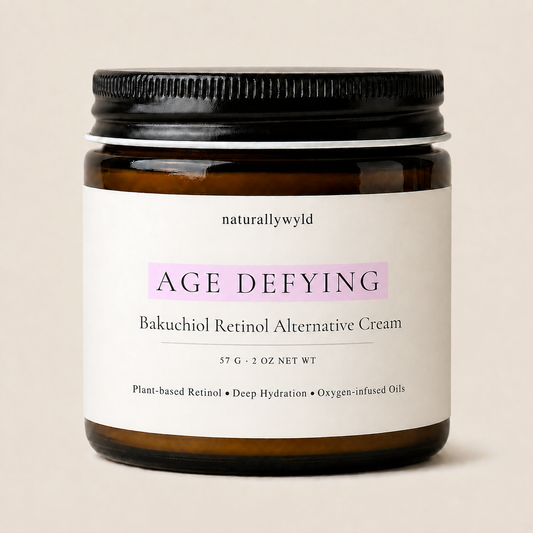 Age Defying bakuchiol retinol alternative cream in 2oz amber jar by Naturally Wyld