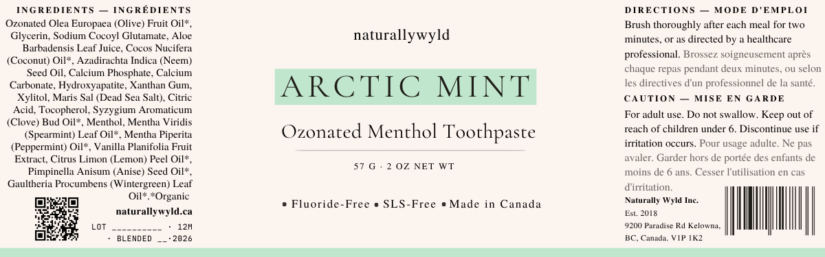 Arctic Mint ozonated menthol toothpaste label