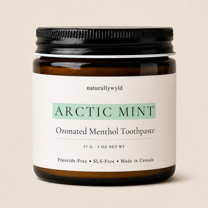 Arctic Mint ozonated menthol toothpaste in amber glass jar by Naturally Wyld