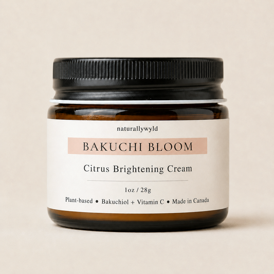 Bakuchi Bloom citrus brightening cream with bakuchiol and vitamin C in 1oz amber jar by Naturally Wyld