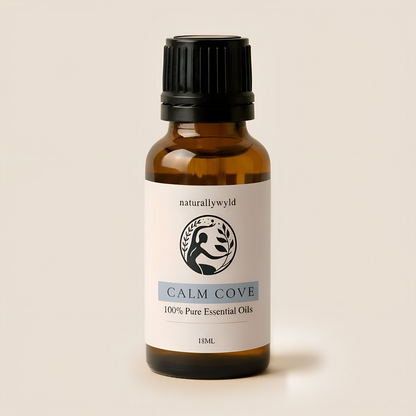 Amber 18ml dropper bottle of Naturally Wyld Calm Cove essential oil blend with dusty slate blue label