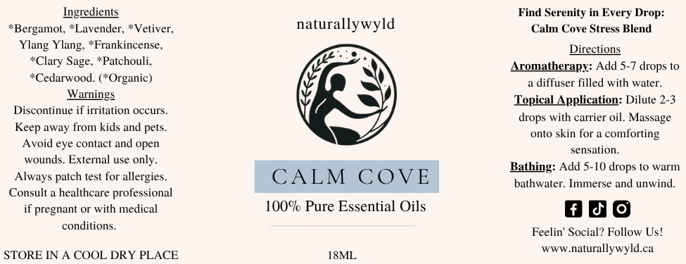Calm Cove essential oil blend label in dusty slate blue for the Naturally Wyld 18ml amber bottle