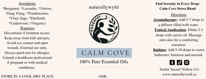 Calm Cove essential oil blend label in dusty slate blue for the Naturally Wyld 18ml amber bottle