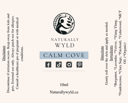 Calm Cove essential oil roll-on label with full ingredients list by Naturally Wyld