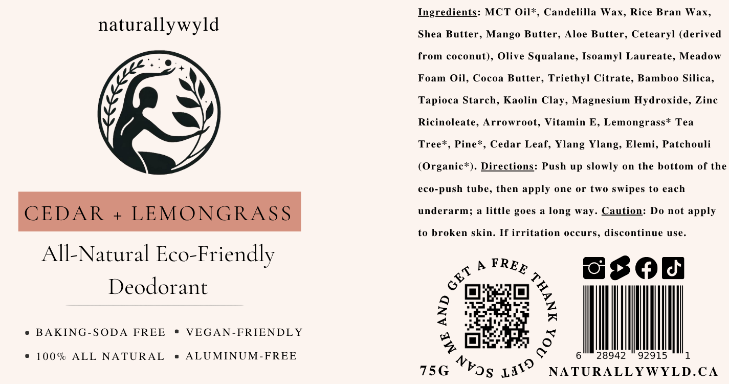 Cedar and Lemongrass natural deodorant label with full ingredients list by Naturally Wyld