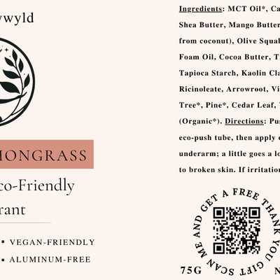Cedar and Lemongrass natural deodorant label with full ingredients list by Naturally Wyld