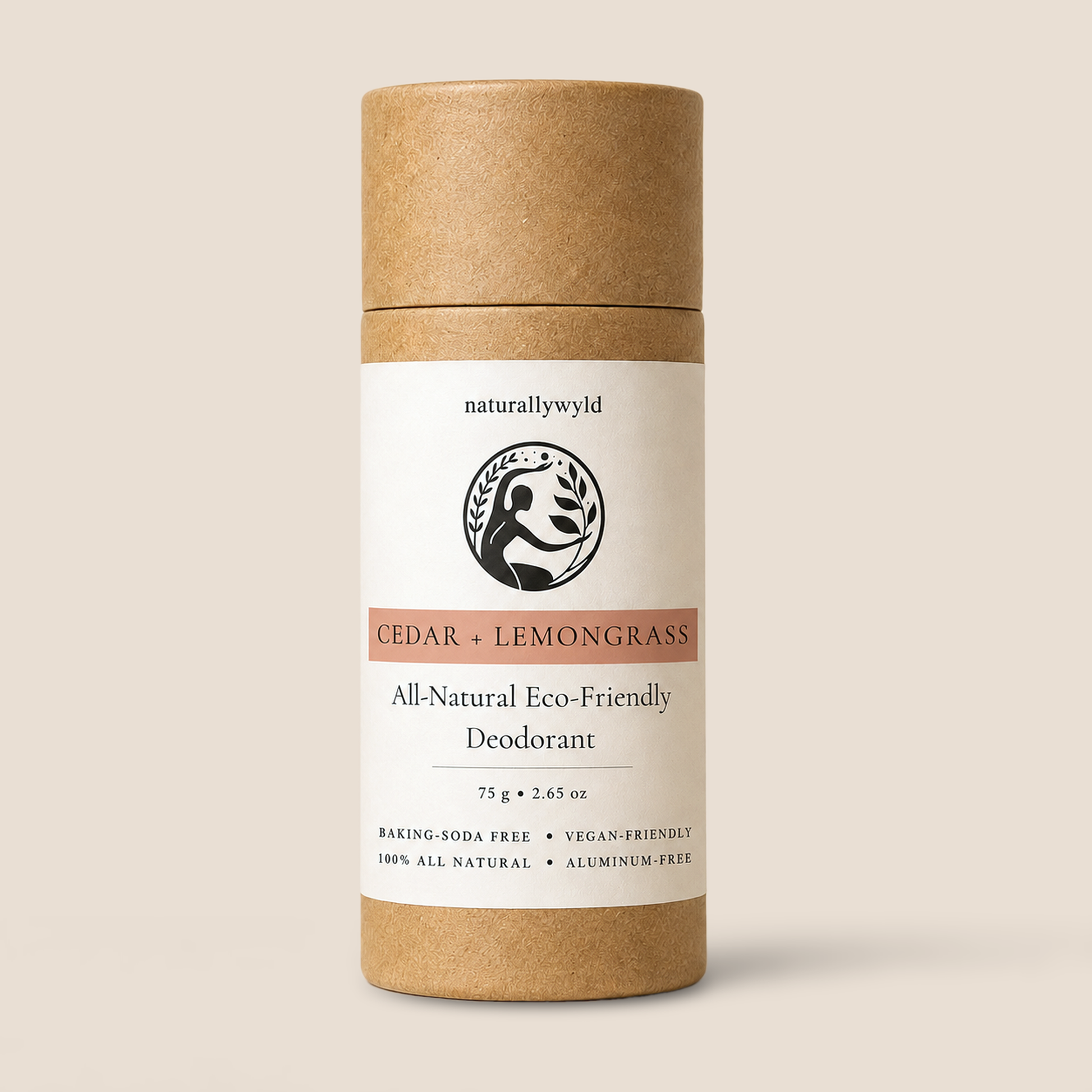 Cedar and Lemongrass all-natural baking-soda-free deodorant in 75g kraft tube by Naturally Wyld