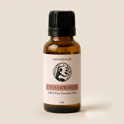 Amber 18ml dropper bottle of Naturally Wyld Pure Cedarwood Essential Oil with terracotta rose label